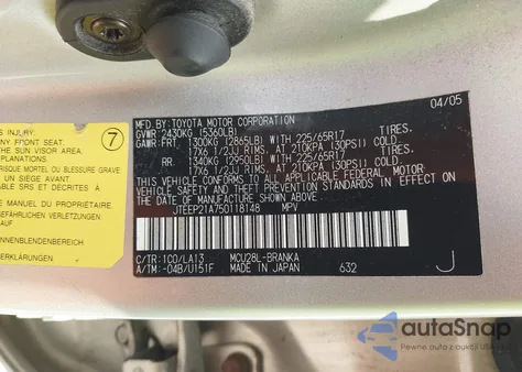 2005 Toyota Highlander Limited V6 из США, поврежденный, VIN JTEEP21A750118148